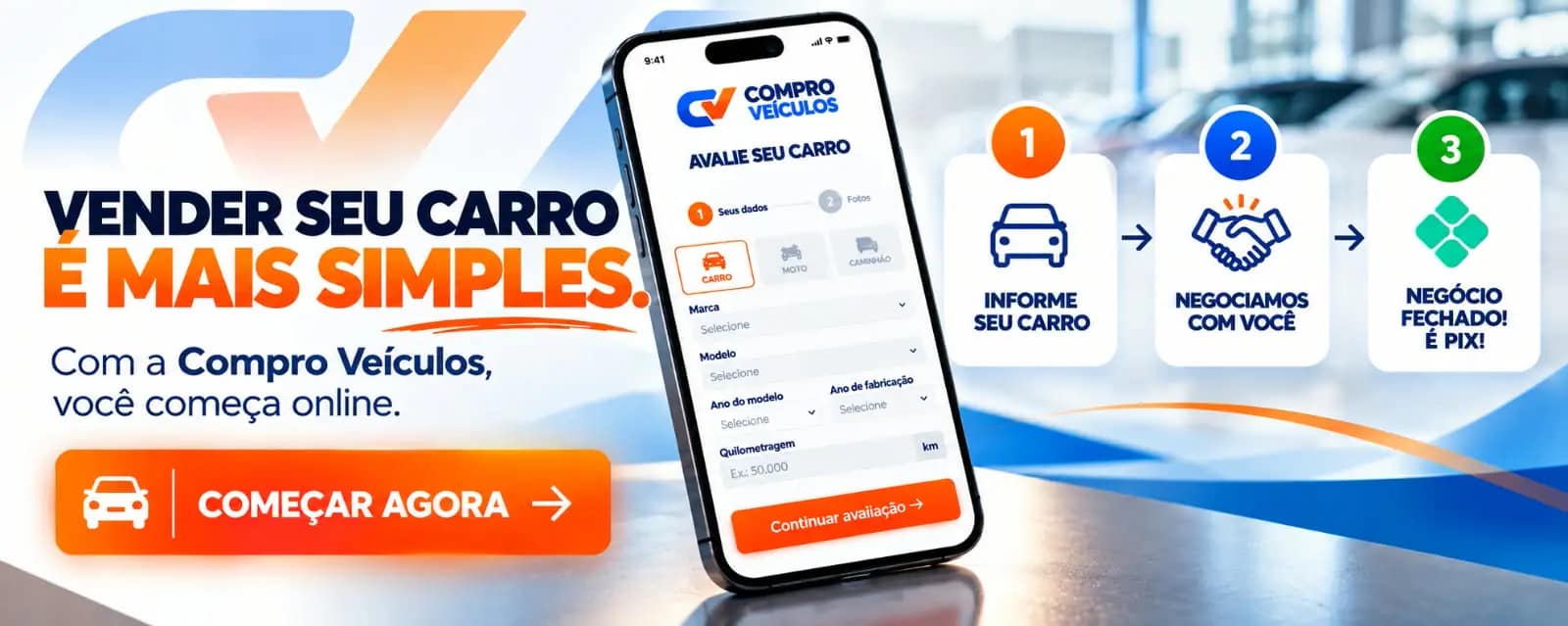 Vender seu carro é mais simples. Com a Compro Veículos, você começa online: informe seu carro, negociamos com você e o negócio fechado é PIX. Botão: começar agora.