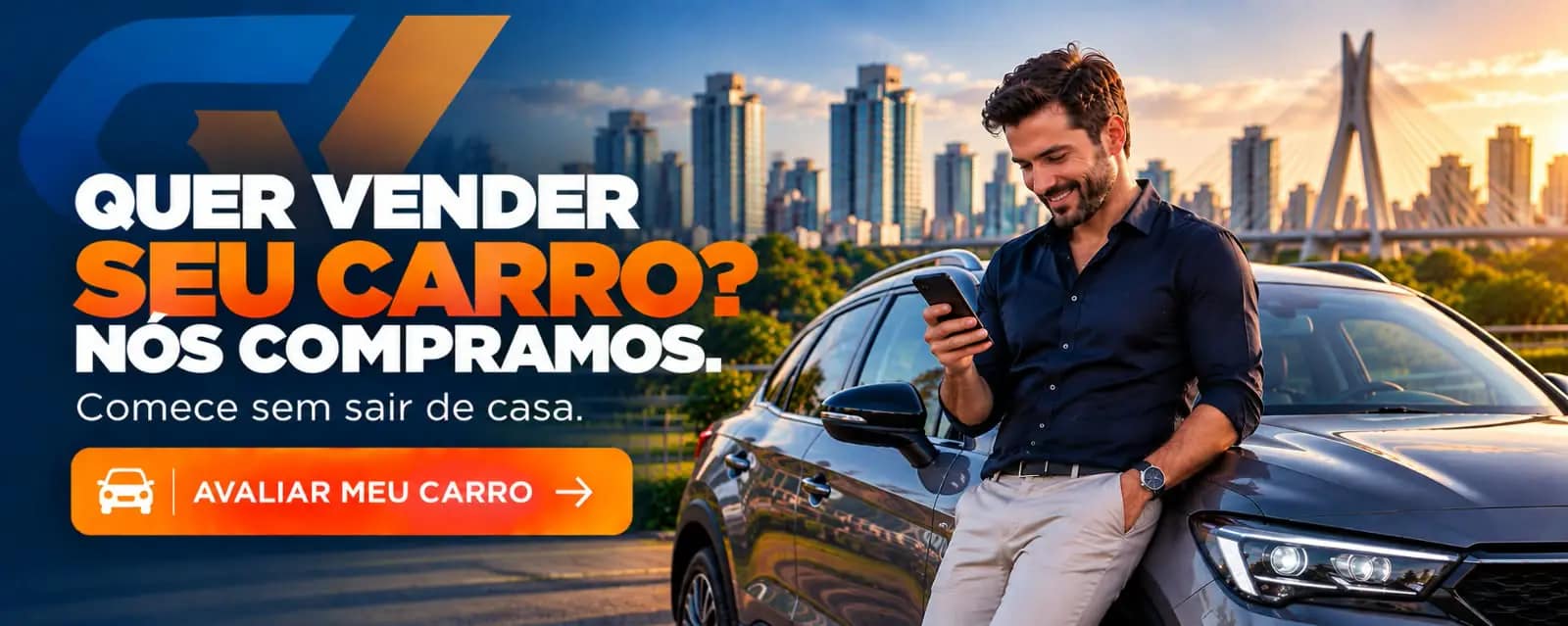 Quer vender seu carro? Nós compramos. Comece sem sair de casa. Botão: avaliar meu carro.