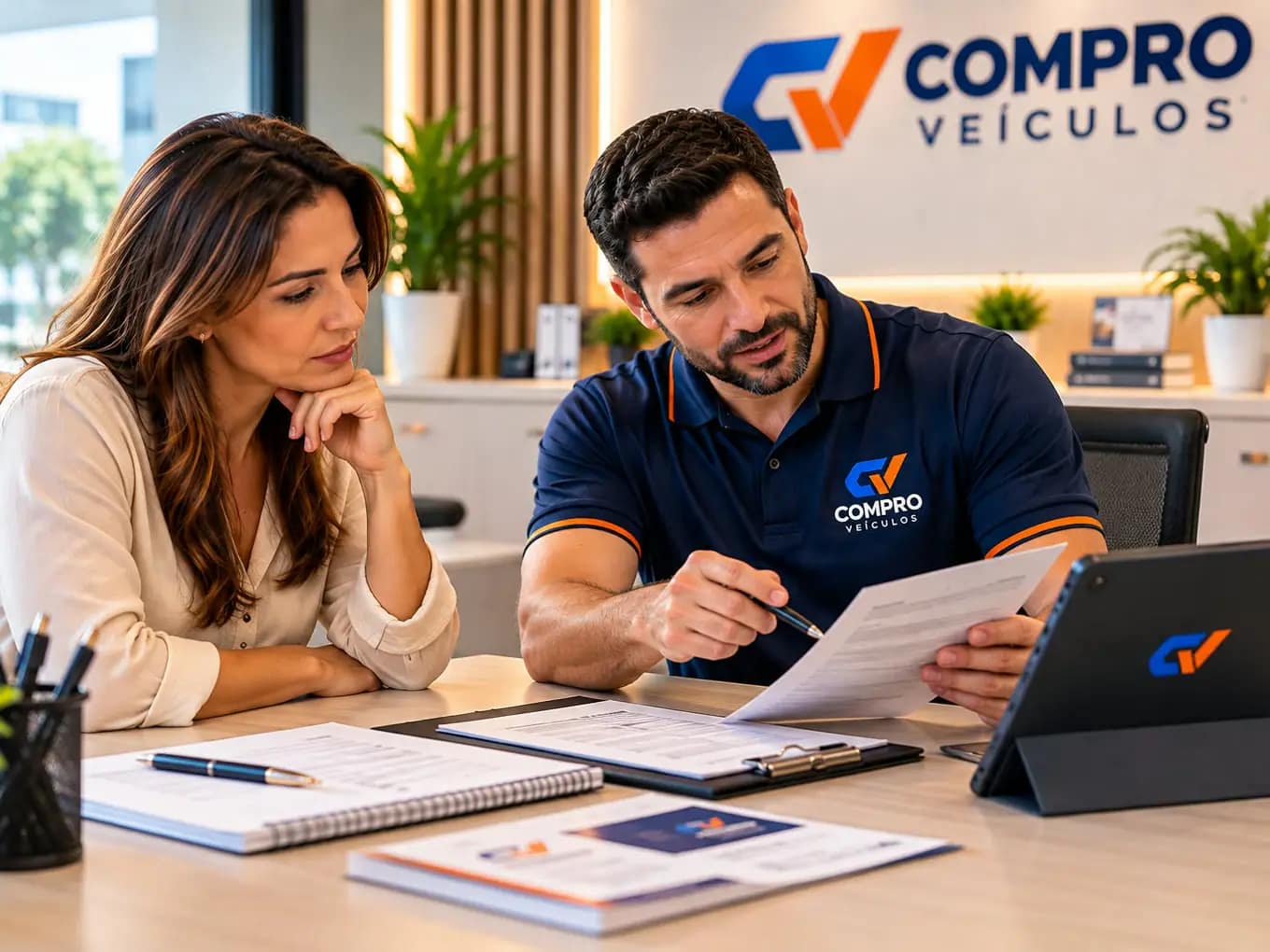 Consultor da Compro Veículos analisando documentos com a cliente durante o processo de venda