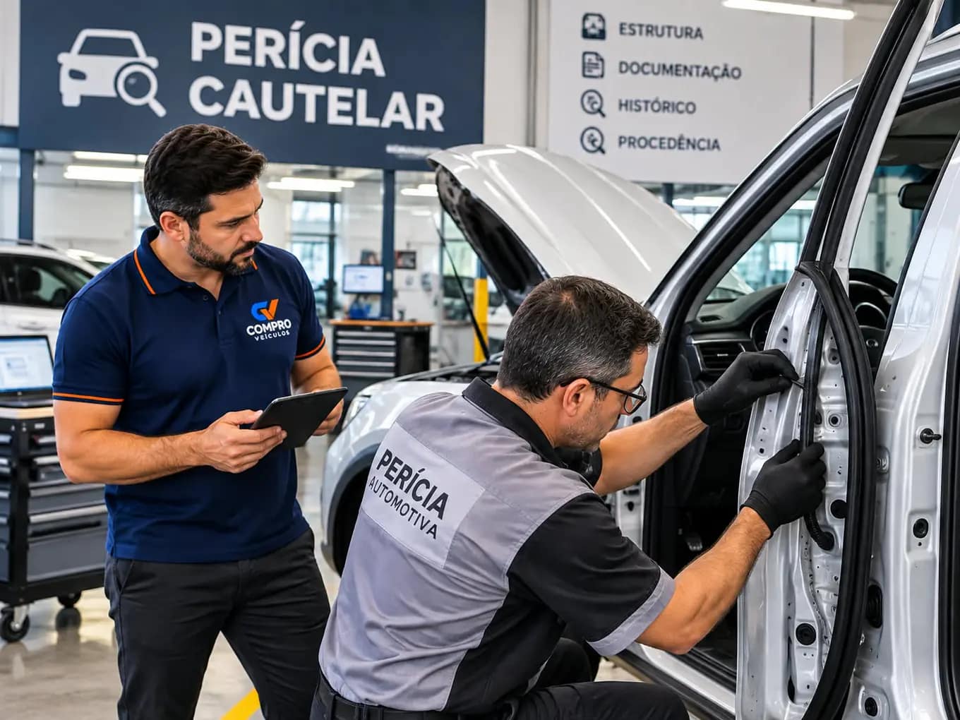 Perícia cautelar: profissional inspecionando o veículo com o acompanhamento do consultor da Compro Veículos