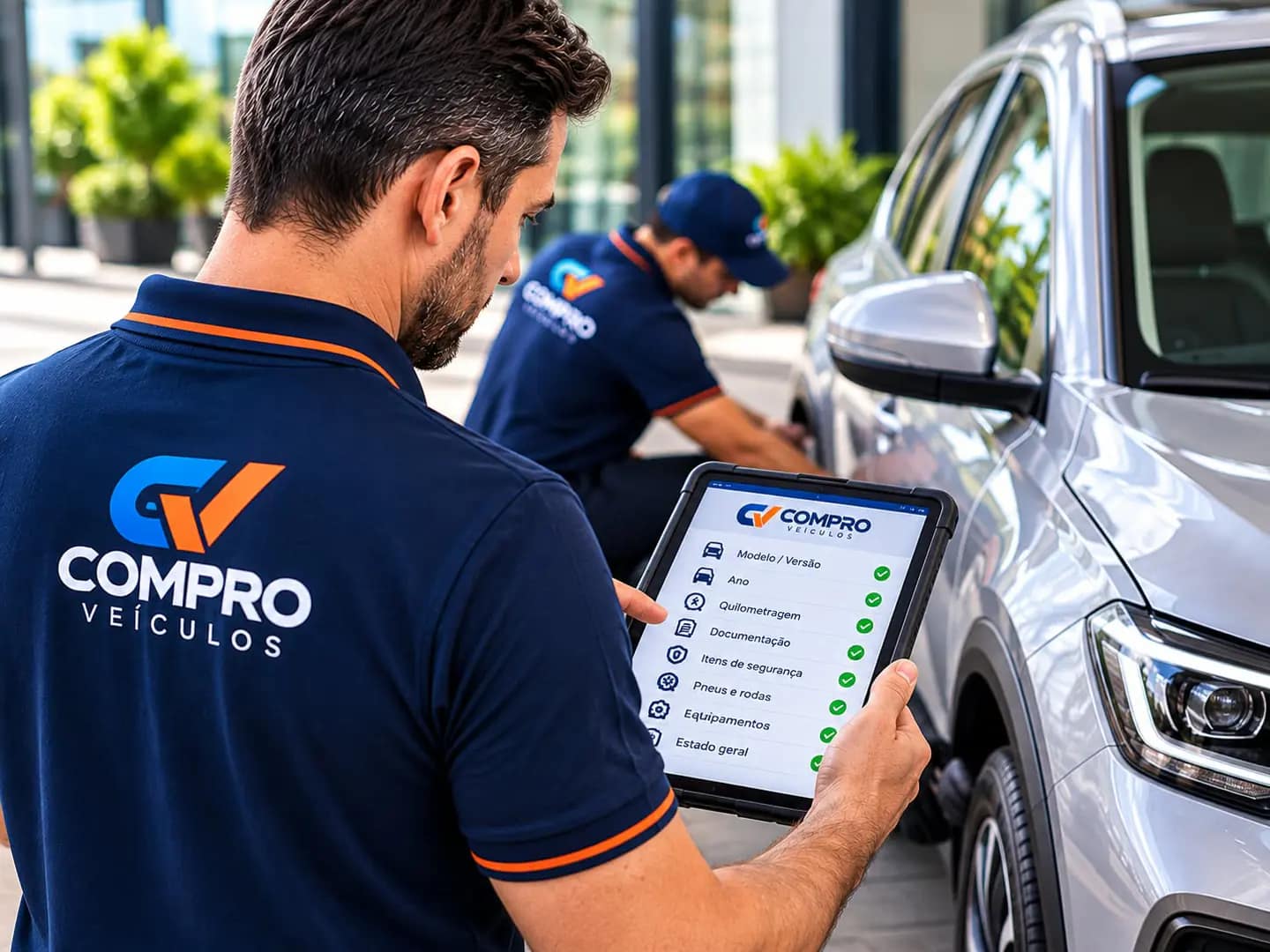 Consultor da Compro Veículos conferindo o checklist de avaliação no tablet ao lado do carro