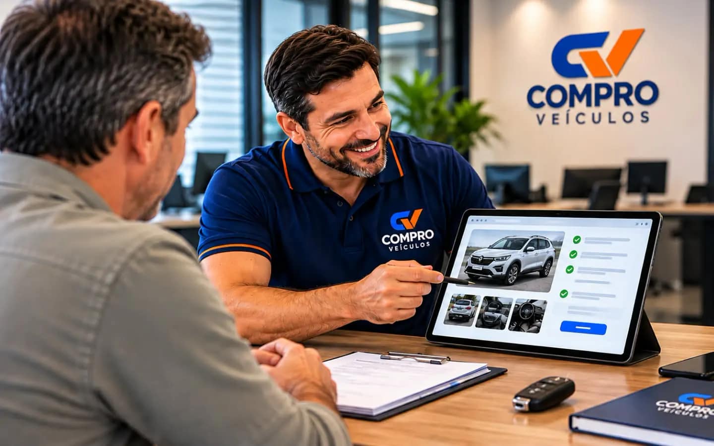 Consultor da Compro Veículos apresentando o processo ao proprietário em um tablet