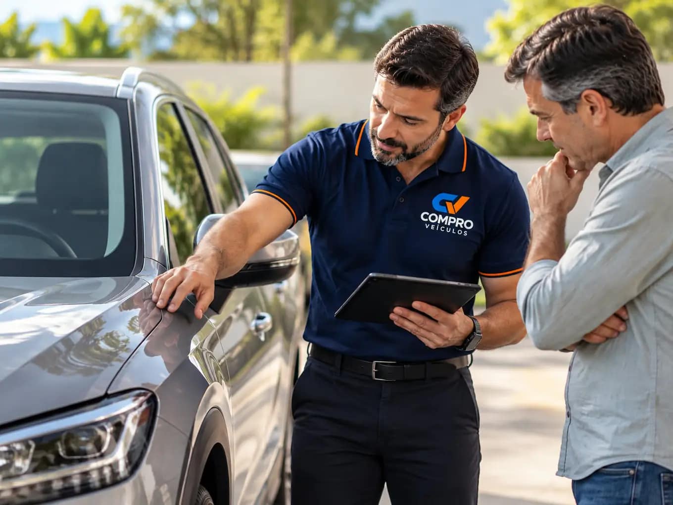 Consultor da Compro Veículos conversando com o proprietário ao lado do carro durante a avaliação