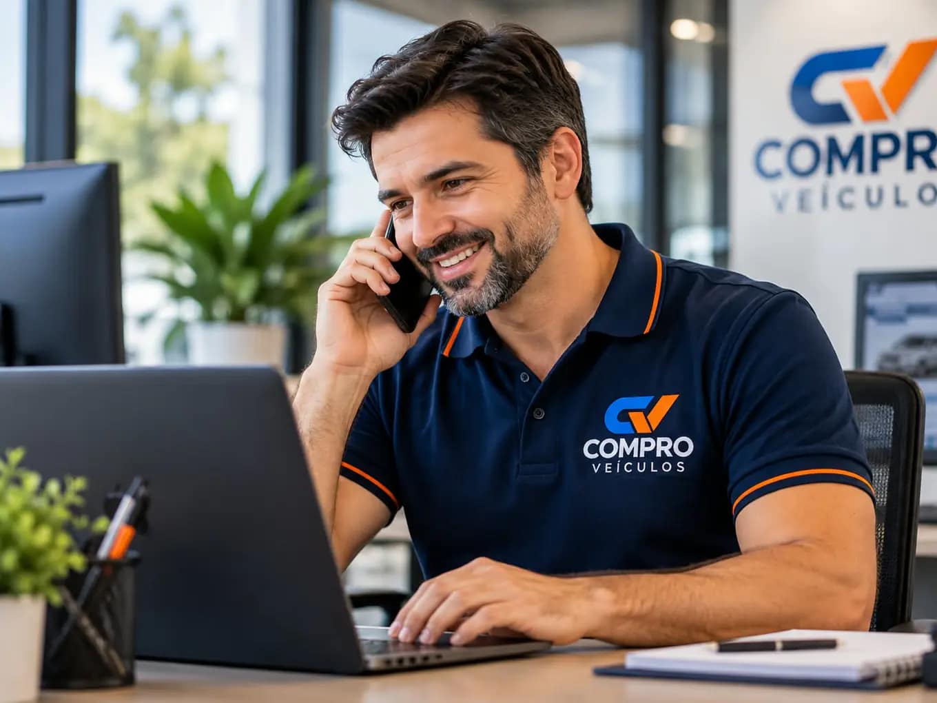 Consultor da Compro Veículos atendendo um cliente por telefone
